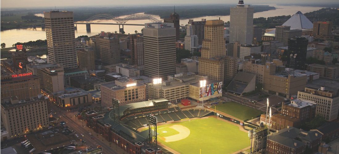 An aerial view of downtown Memphis Tennessee and AutoZone Park is a Minor League Baseball stadium located in downtown Memphis, Tennessee, and is home to the Memphis Redbirds of the Pacific Coast League (PCL). The Redbirds are the AAA affiliate of Major League Baseball's (MLB) St. Louis Cardinals