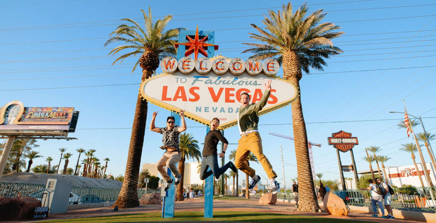 Posing for a photo in front of the Las Vegas, Nevada, welcome sign