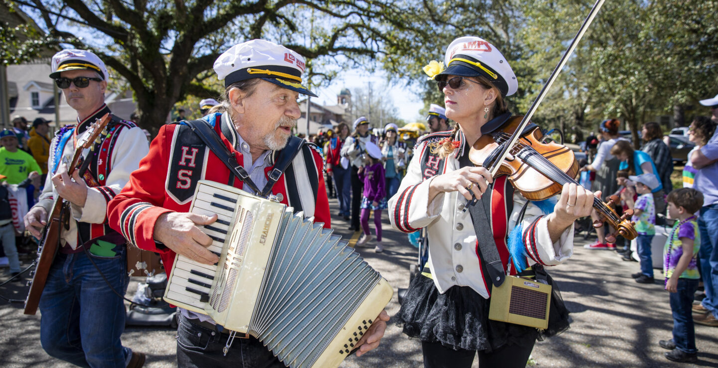 The Krewe of Push Mow parades through Abita Springs, Louisiana