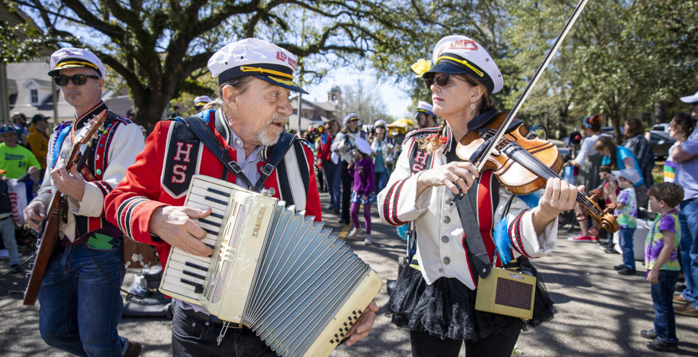 The Krewe of Push Mow parades through Abita Springs, Louisiana