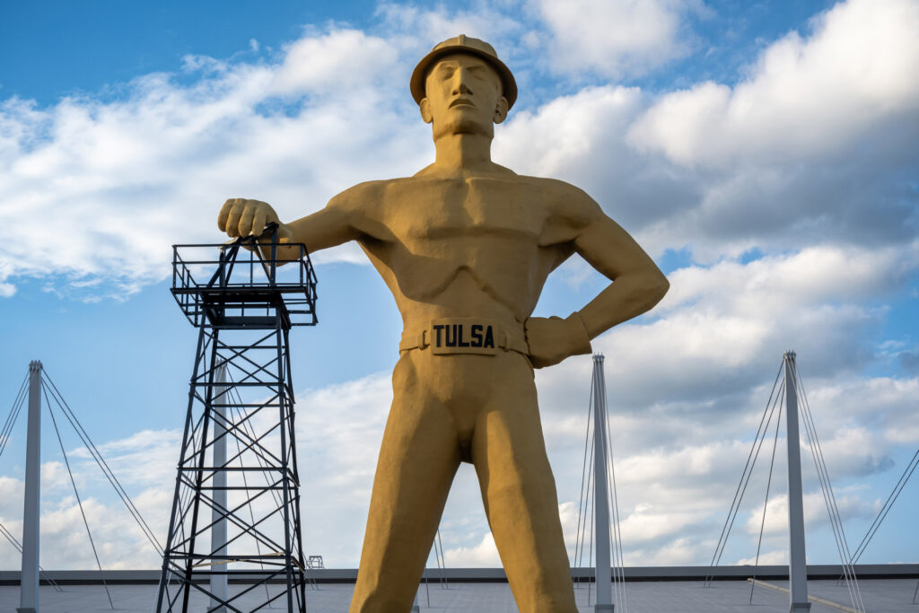The Golden Driller statue stands at Expo Square in Tulsa, Oklahoma