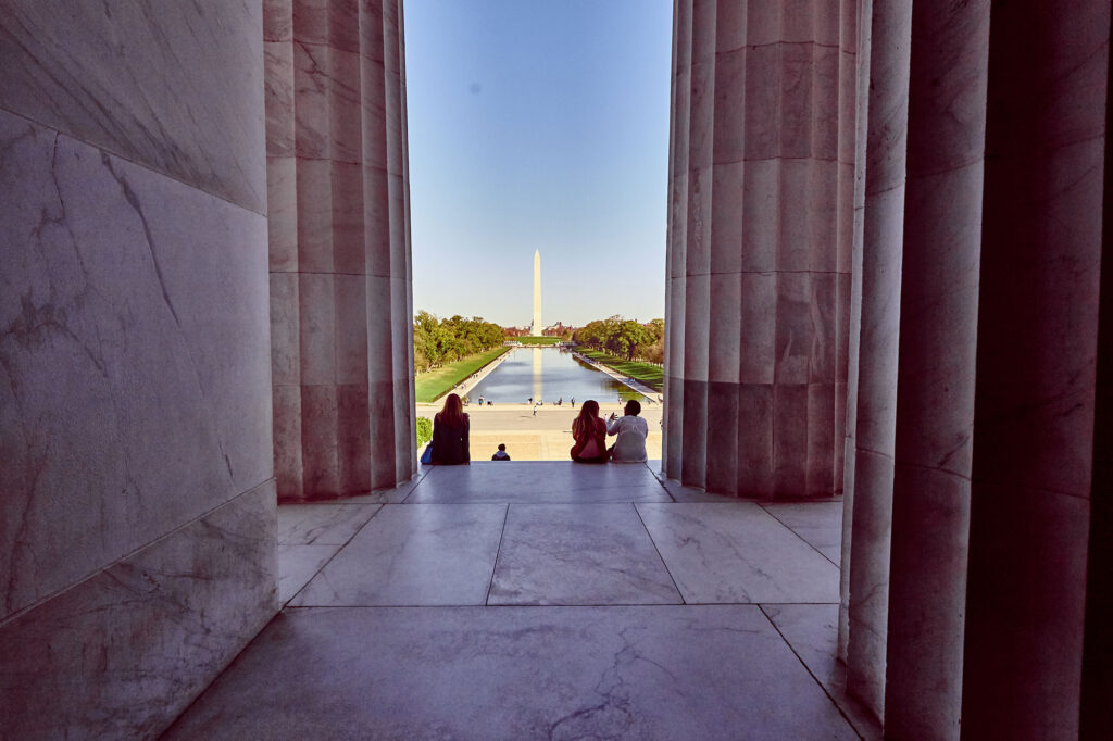 Viewing the Washington Monument from the Lincoln Memorial in Washington, D.C.