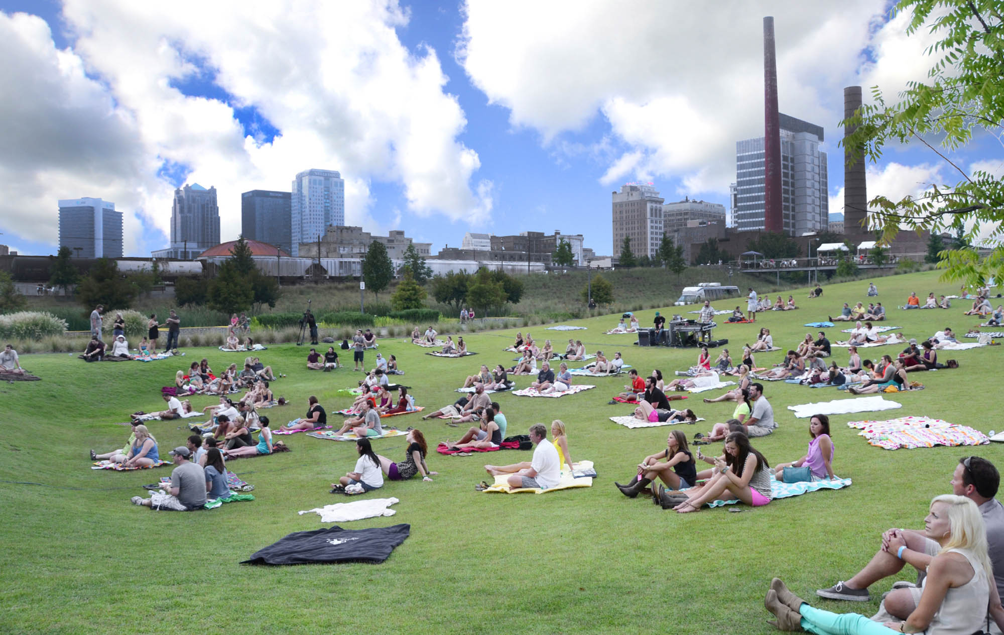 People enjoying the fresh air at Railroad Park in Birmingham, Alabama