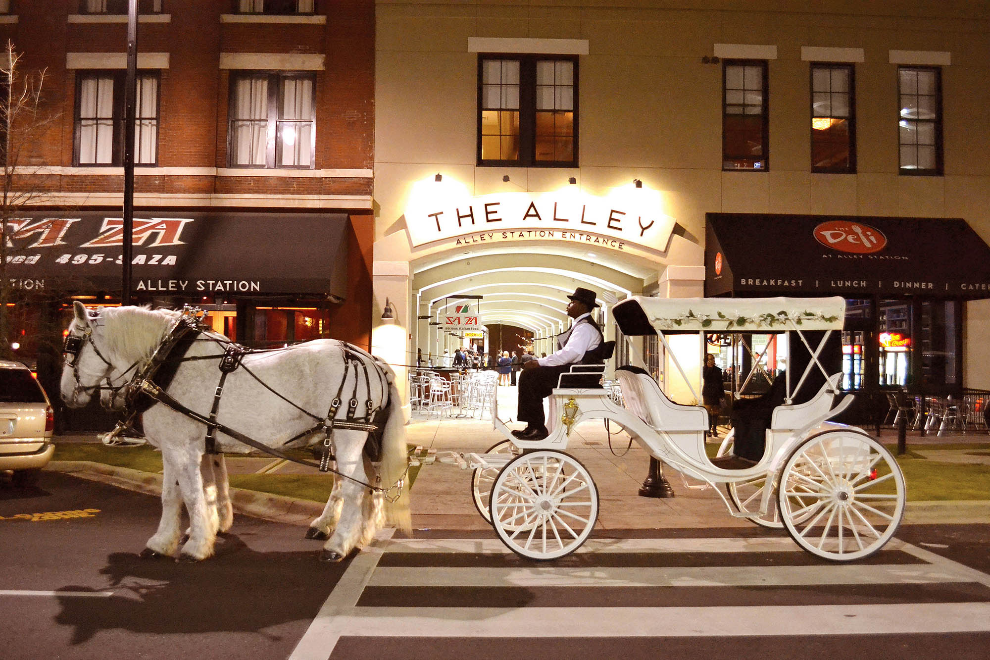 A horse-drawn carriage in the Alley Entertainment District in Montgomery, Alabama
