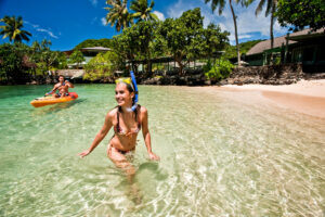 Visitors at the private beach of the Sadie Thompson Inn in Pago Pago, American Samoa