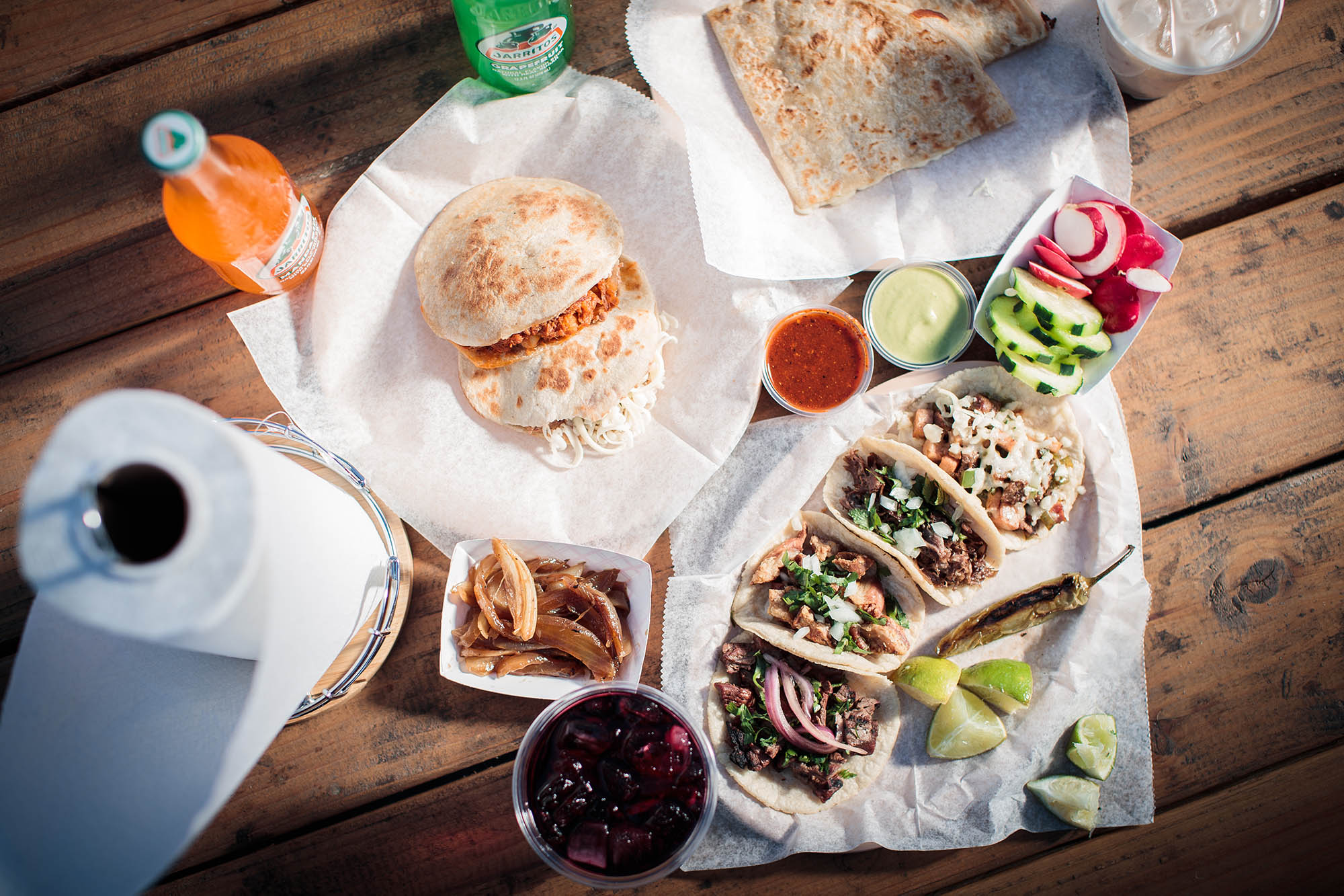 A table full of tacos and toppings in Phoenix, Arizona