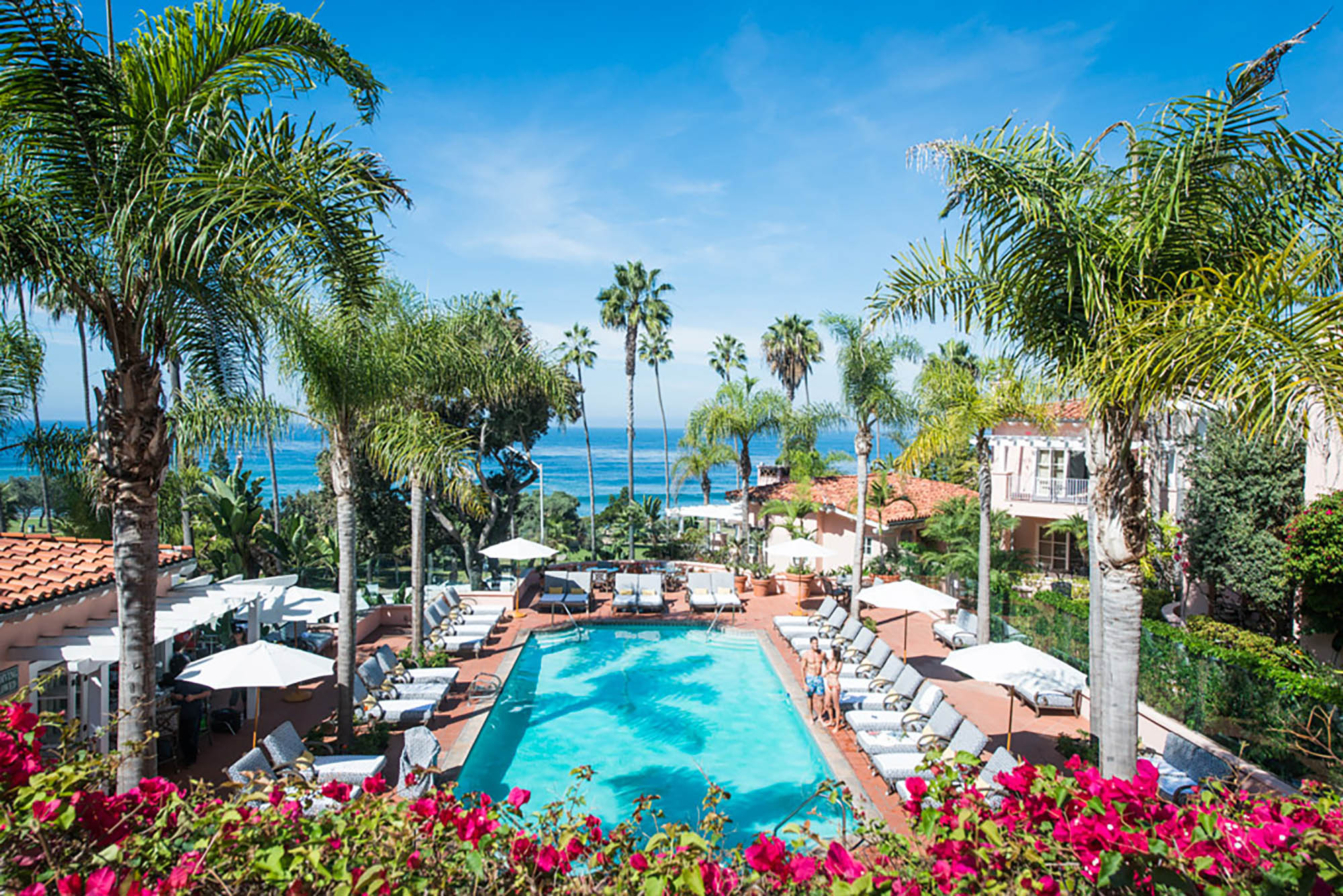 A palm tree-lined pool in San Diego, California
