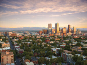 The Denver, Colorado, skyline at sunrise