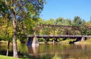 Peaceful Cedar River views from a historic pedestrian bridge in Cedar Rapids, Iowa