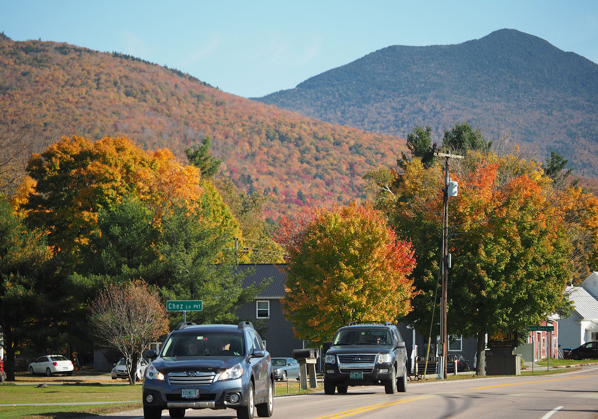 Cars driving near Smuggler’s Notch State Park in Vermont.