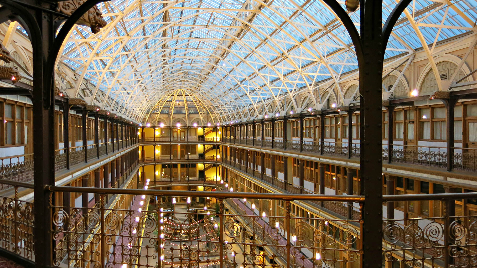 The beautiful glass atrium of The Arcade Cleveland in Cleveland, Ohio