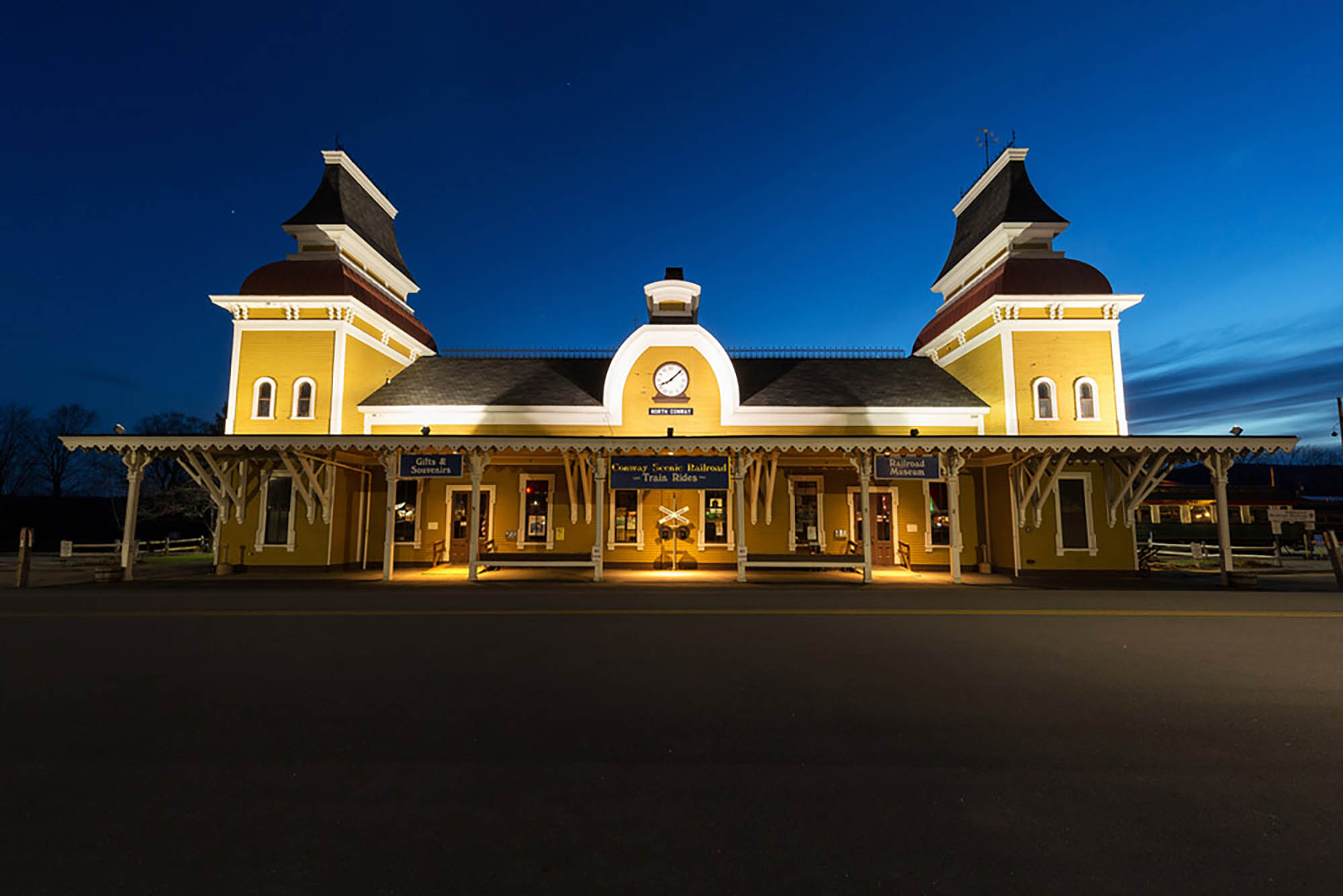 Evening exterior view of North Conway Station in North Conway, a small town in New Hampshire’s White Mountains