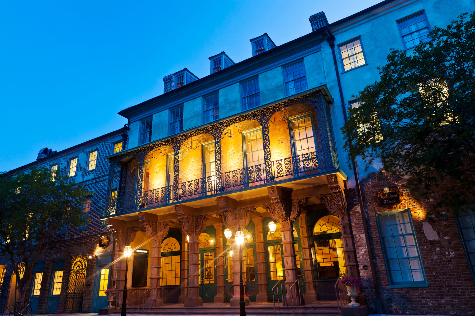 Exterior of the historic Dock Street Theatre in Charleston, South Carolina
