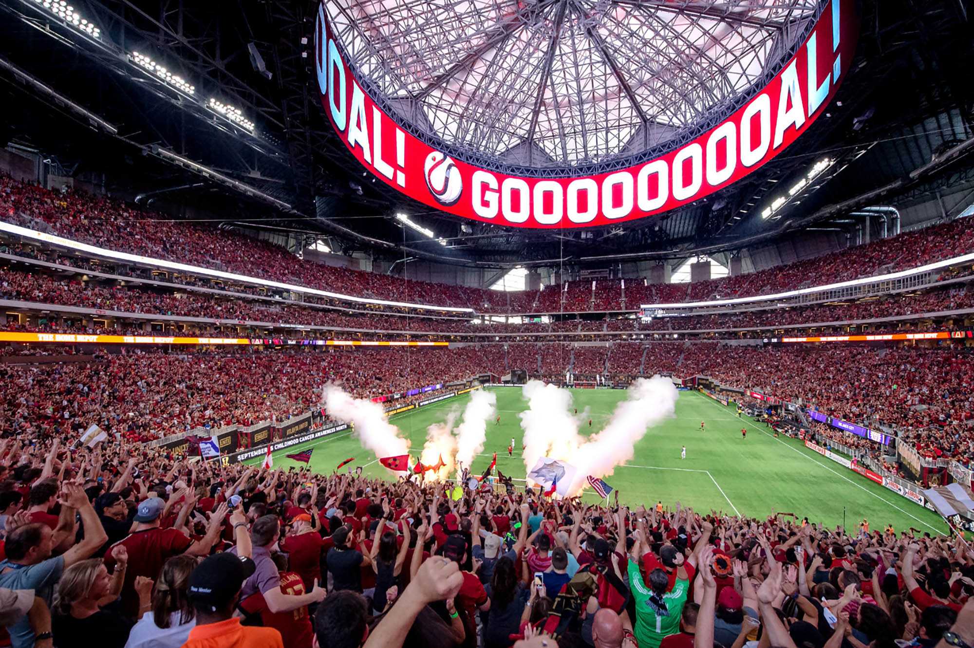 An Atlanta United soccer game at Mercedes-Benz Stadium in Atlanta, Georgia