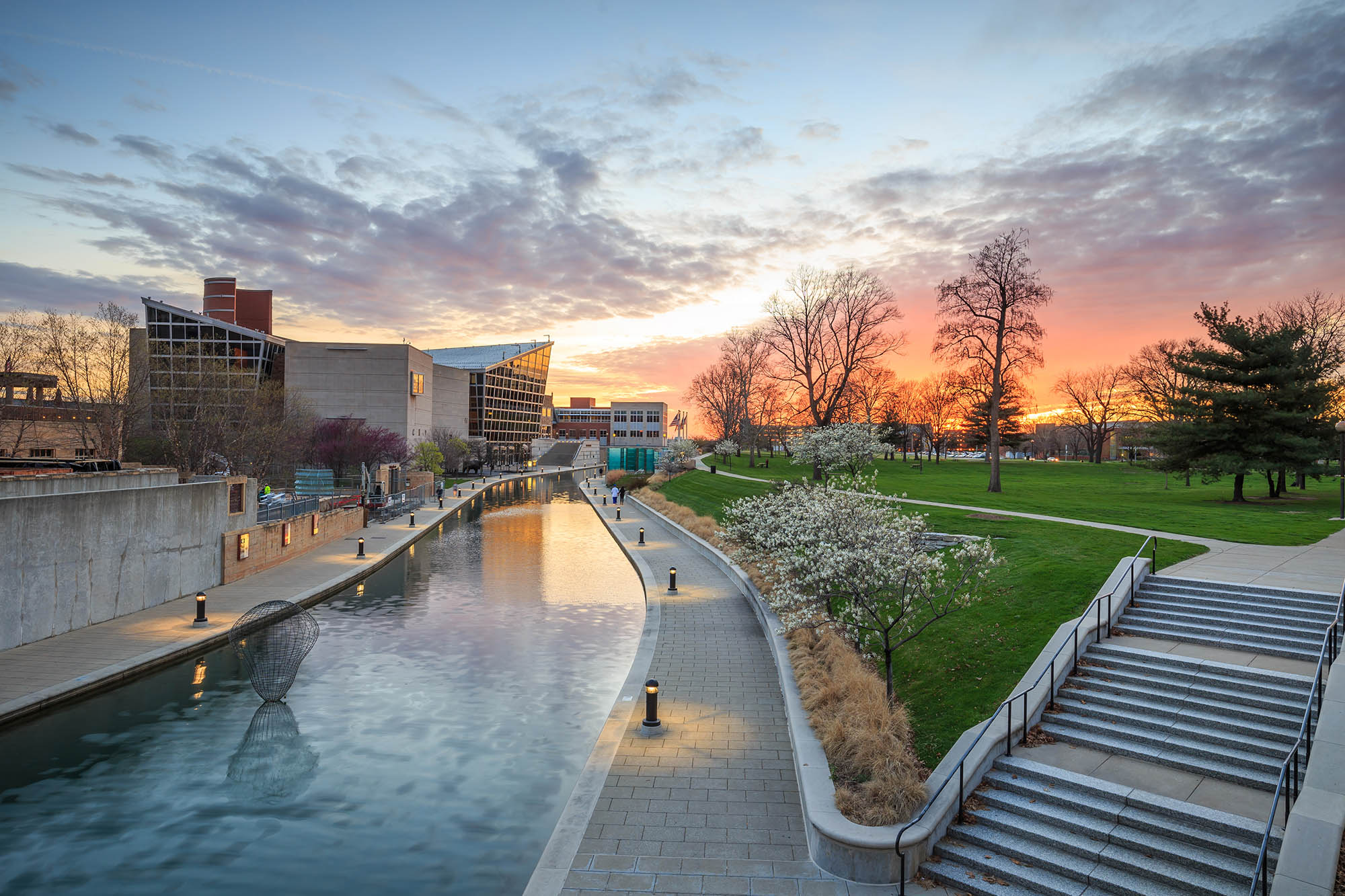 Sunset over the Indiana State Museum in Indianapolis, Indiana