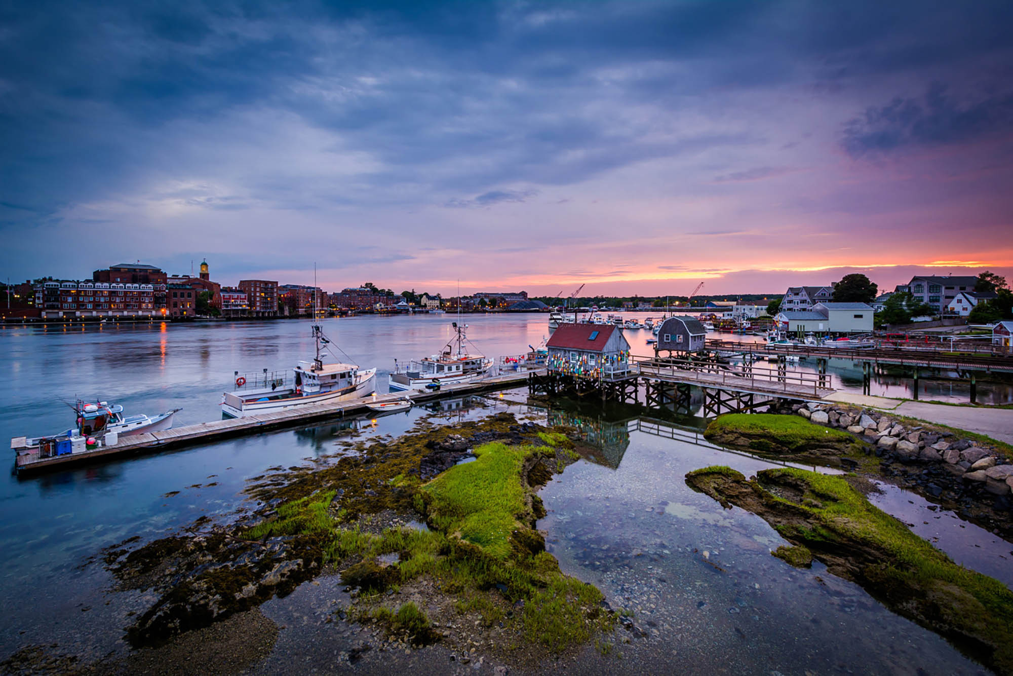 Sunset over the piers on the Piscataqua River in Portsmouth, New Hampshire