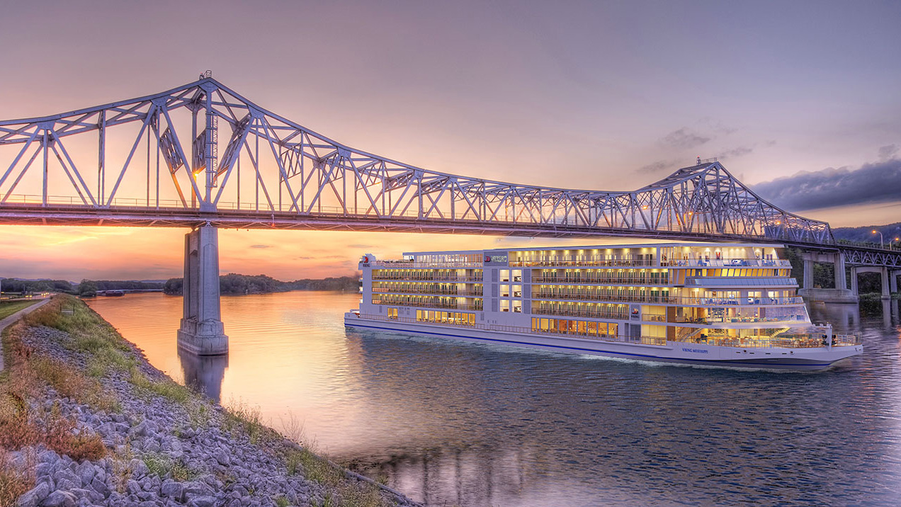 A Viking cruise ship on the Mississippi River in Davenport, Iowa