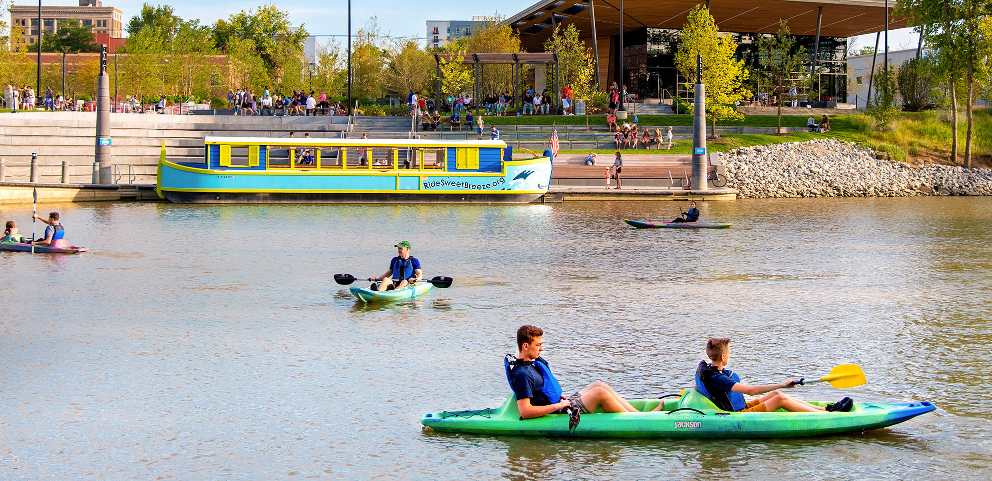 Kayakers in the St. Marys River at Promenade Park in Fort Wayne, Indiana
