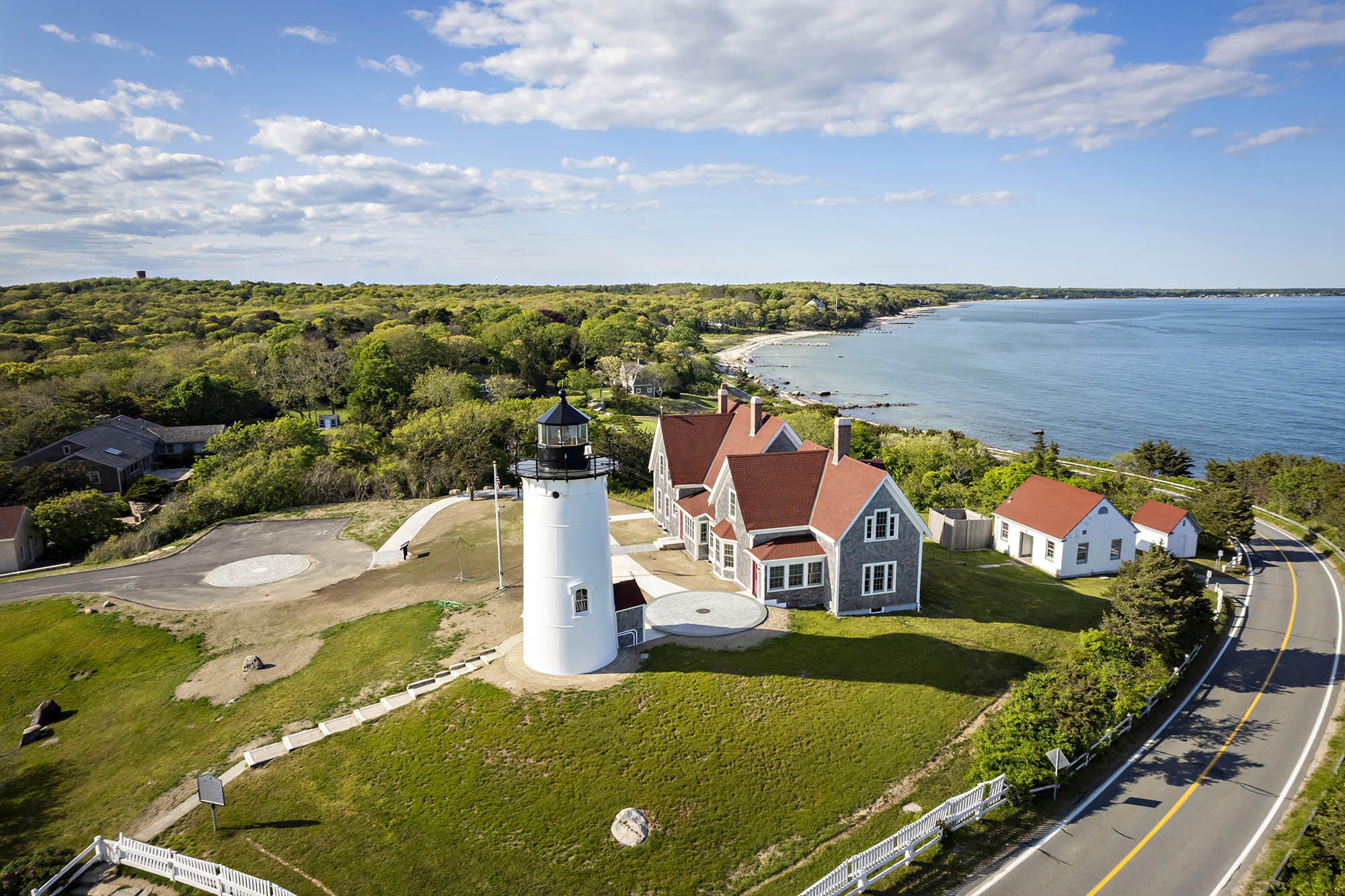 Aerial view of Nobska Light and the water off Cape Cod, Massachusetts; Credit: Randi Baird