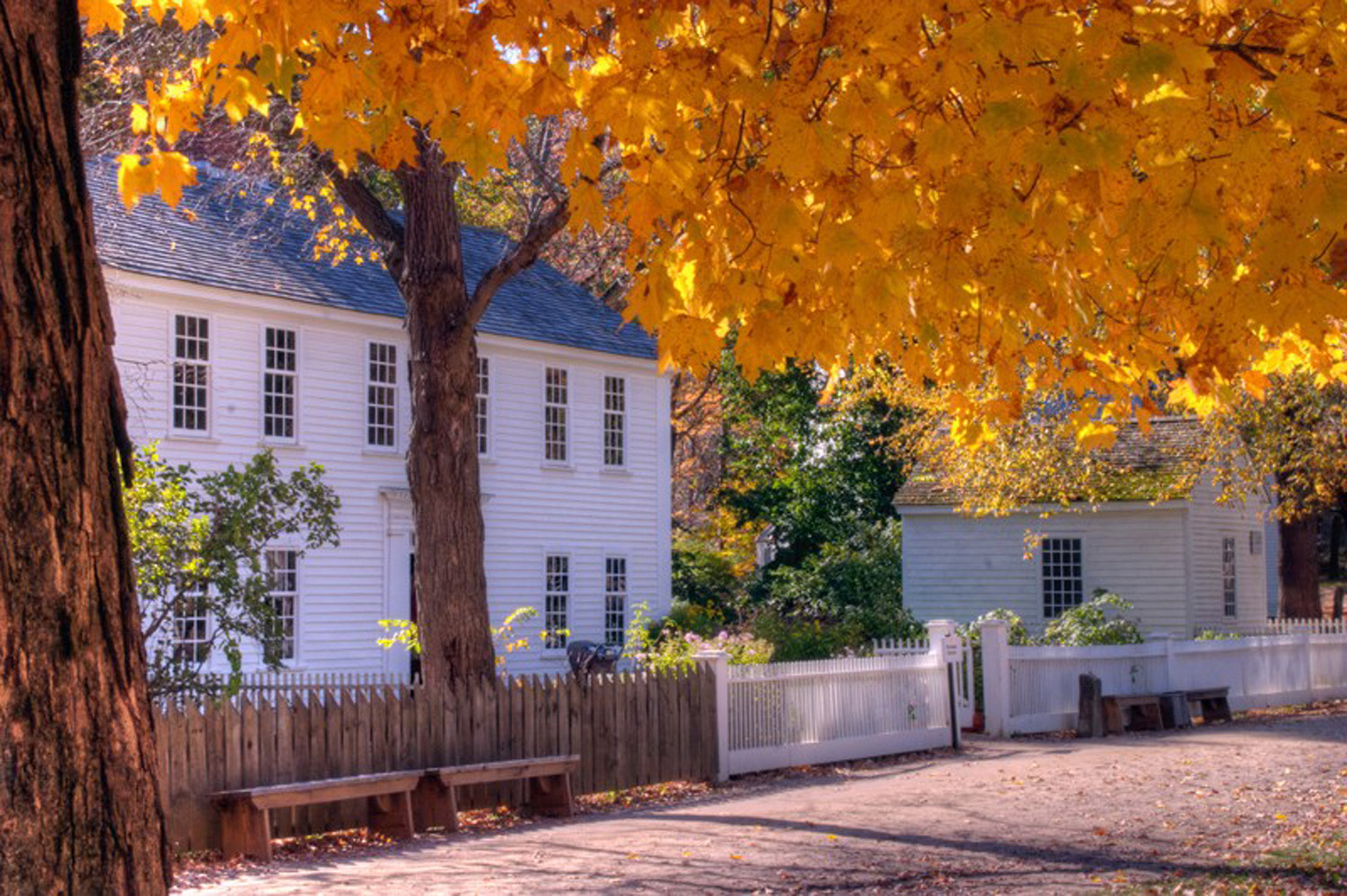 Fall foliage and quaint architecture in Old Sturbridge Village, Massachusetts