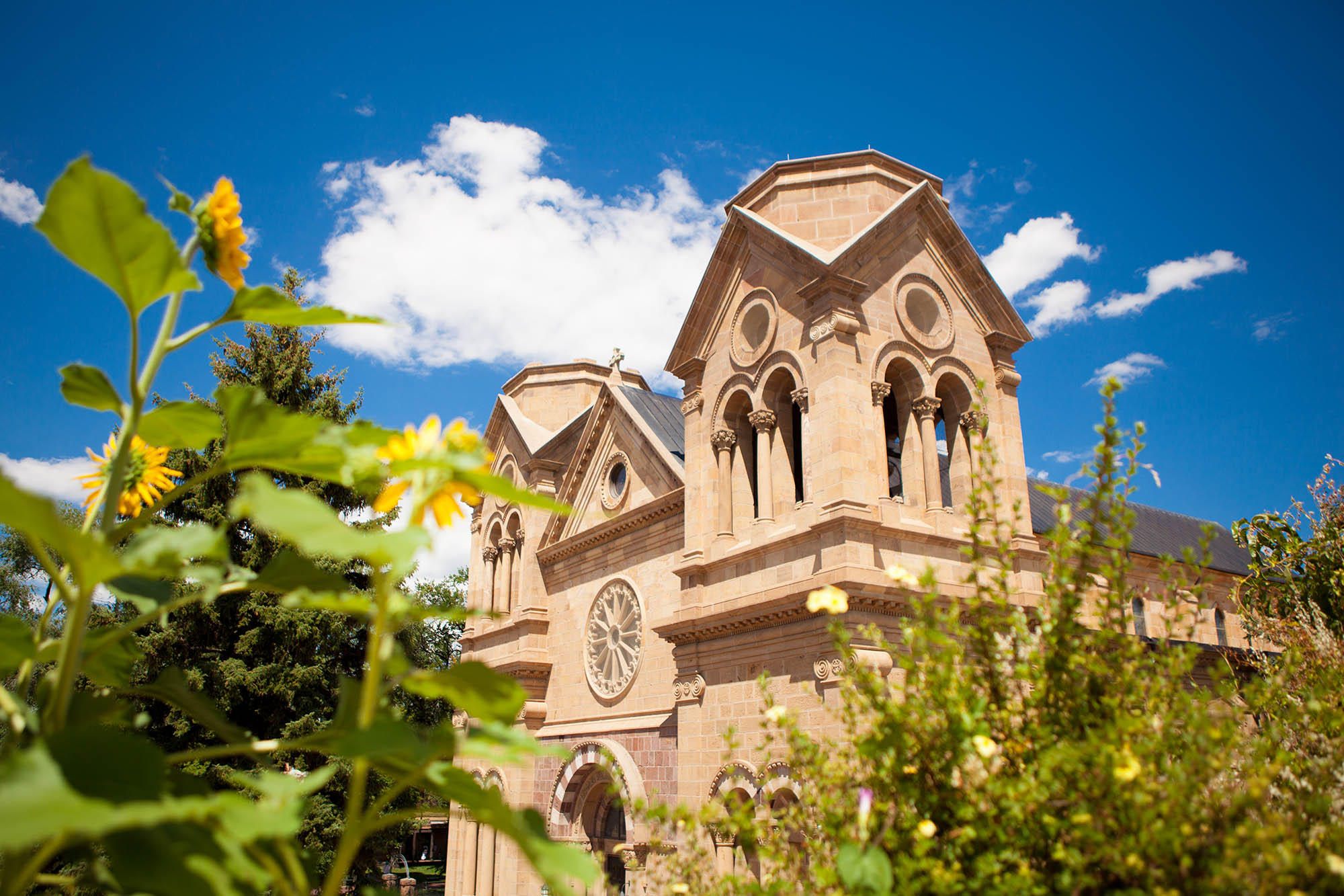 Exterior view of Cathedral Basilica of St. Francis of Assisi in Santa Fe, New Mexico