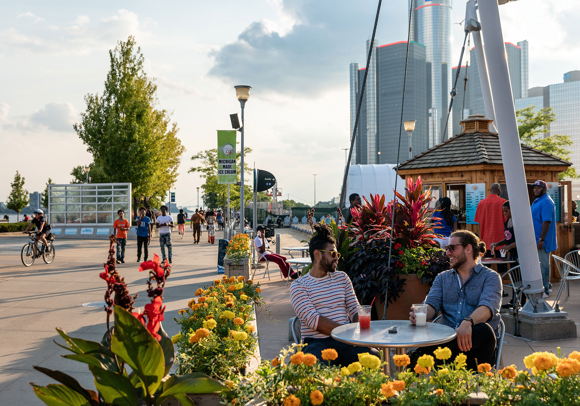 Visitors enjoy the International River Walk in Detroit, Michigan.