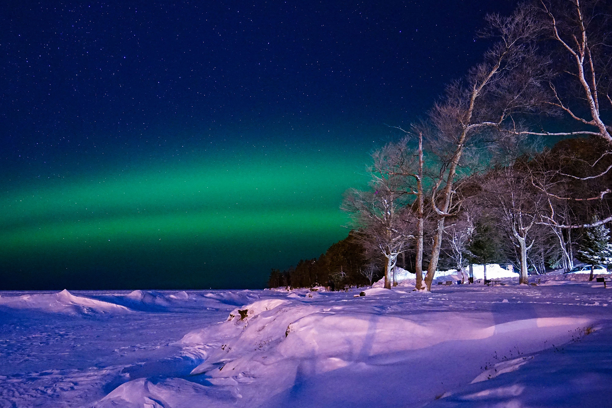 The northern lights over Lake Superior near Marquette, Michigan; Credit: Travel Marquette