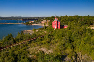 Aerial view of Marquette Harbor Lighthouse on Lake Superior in Michigan; Credit: Travel Marquette
