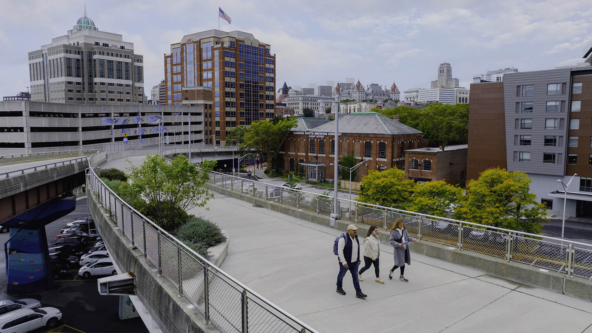 A family walks the Albany Skyway in Albany, New York; Credit: Discover Albany
