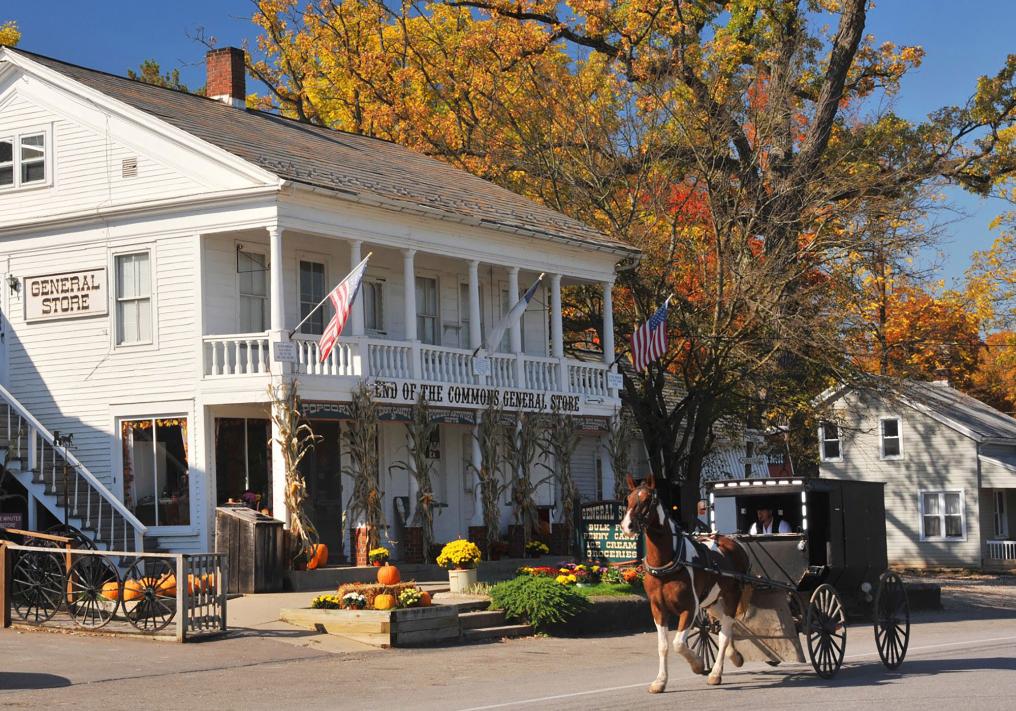 Horse and buggy traveling down a street in Mesopotamia, Ohio