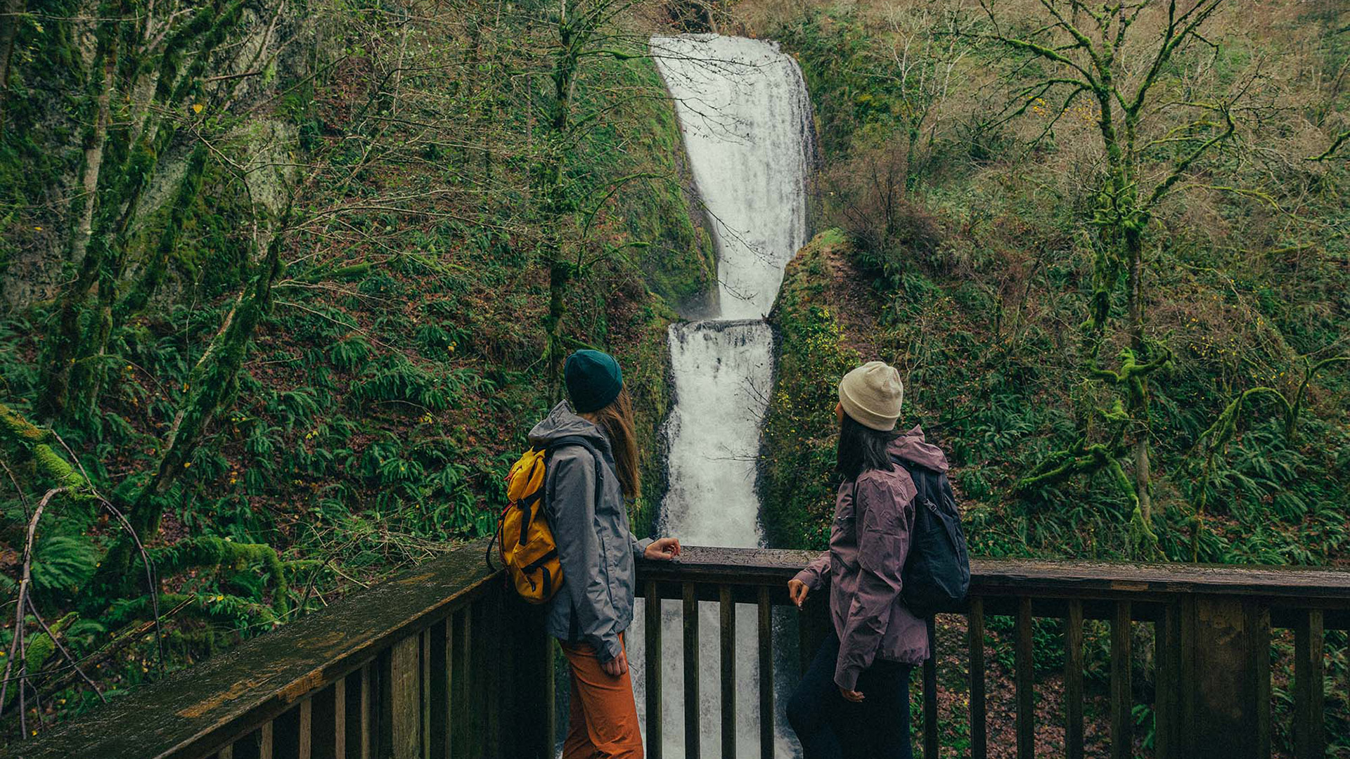Hikers viewing Bridal Veil Falls near Portland, Oregon