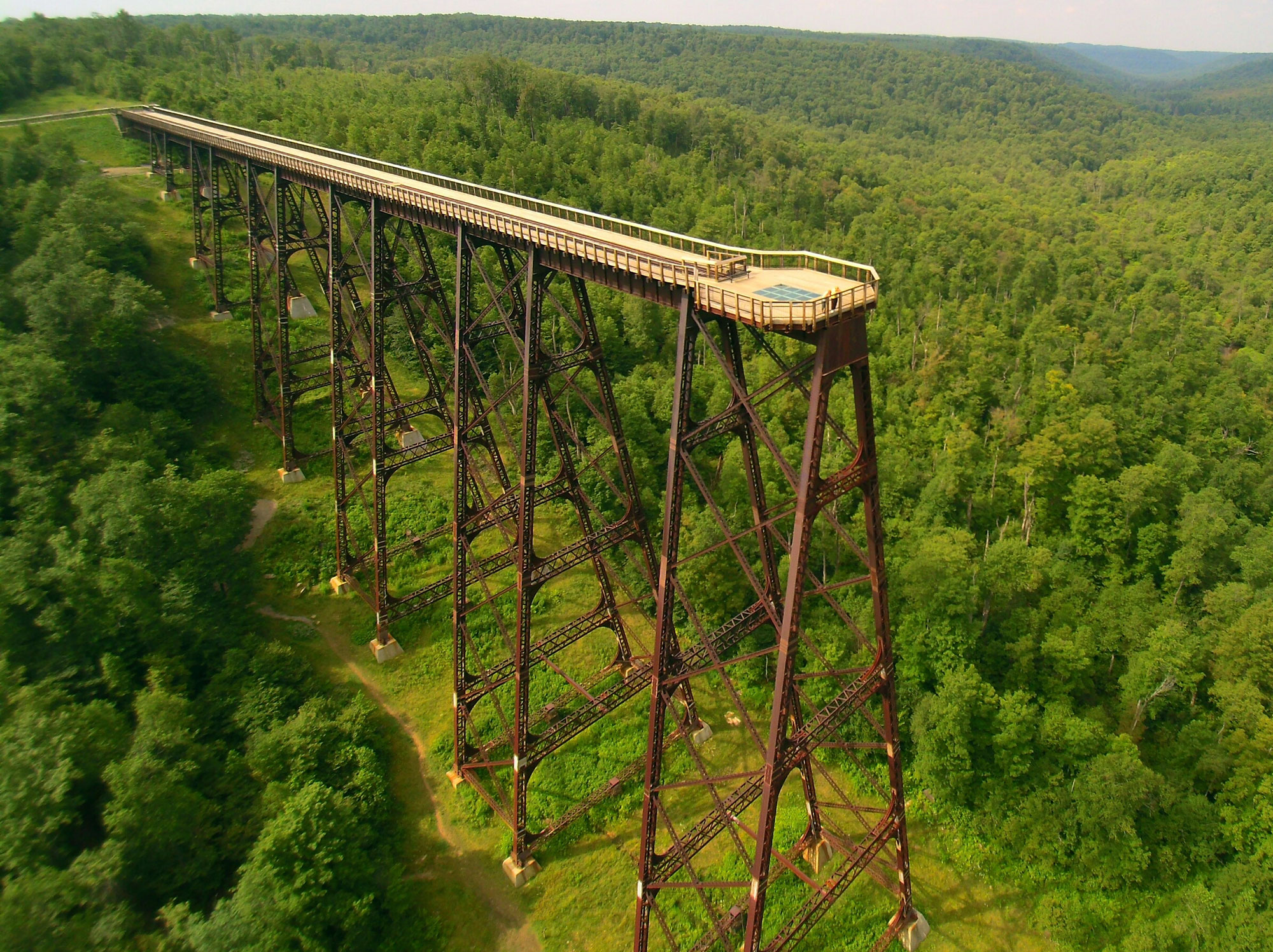 Aerial view of the Skywalk at Kinzua Bridge State Park in Mt Jewett, Pennsylvania
