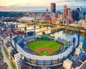 Aerial view of PNC Park and downtown Pittsburgh, Pennsylvania. Credit: Dustin McGrew