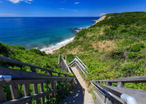 Sandy beach at the base of the Mohegan Bluffs on Block Island, Rhode Island