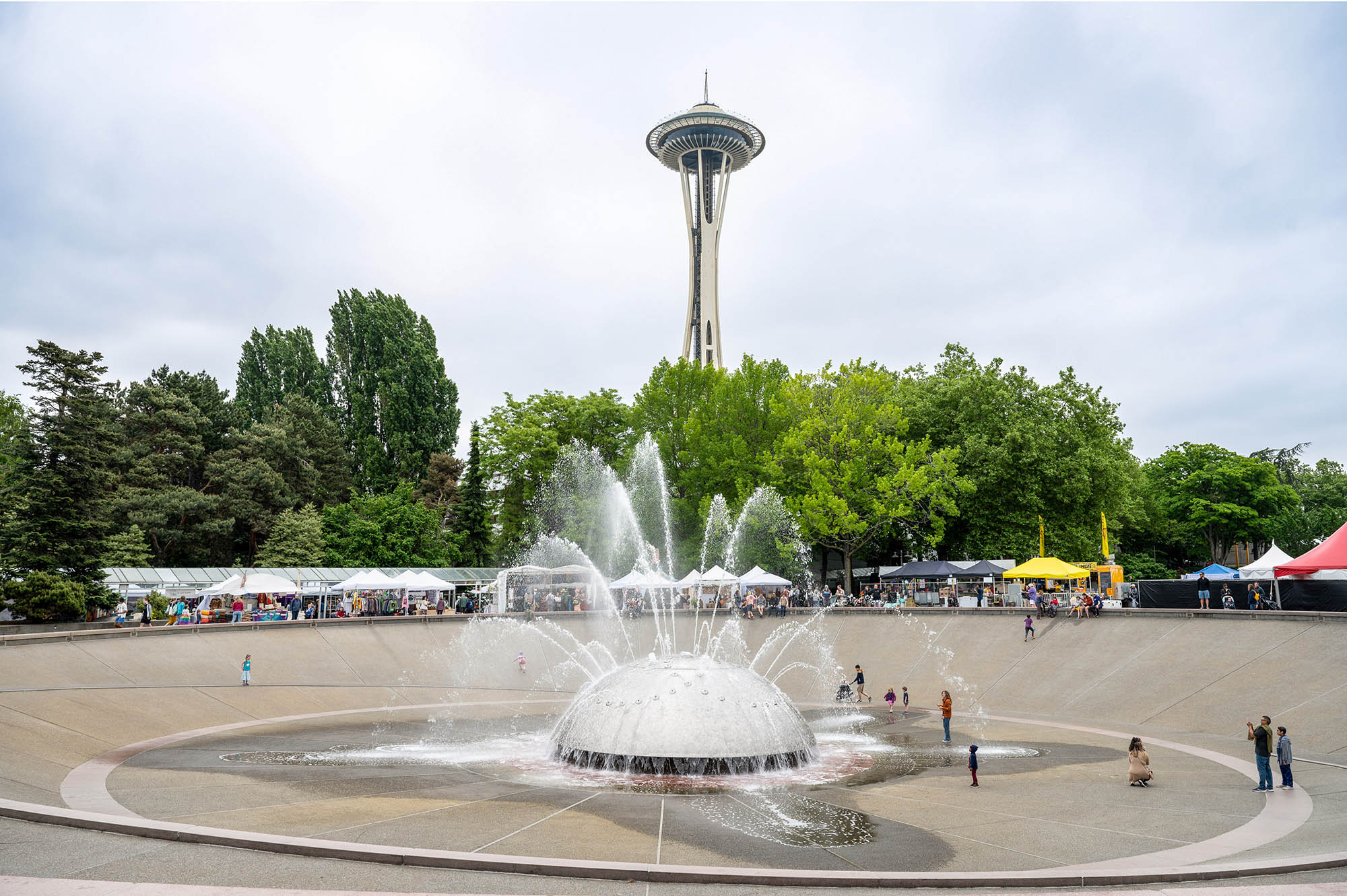 The International Fountain at Seattle Center with the Space Needle in the background in Seattle, Washington