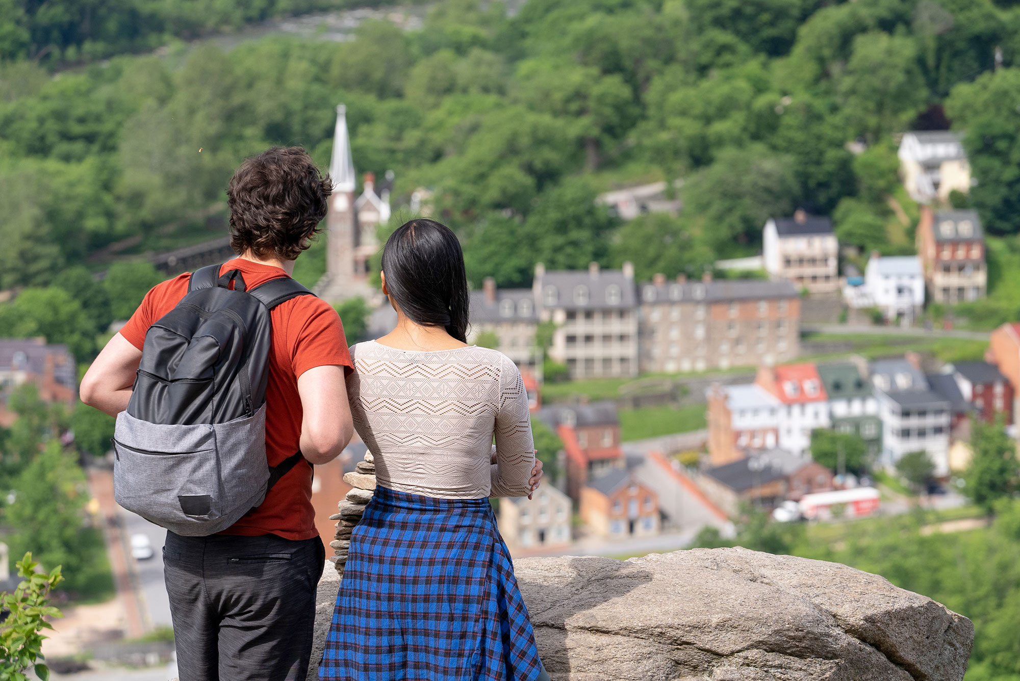 Hikers exploring Harpers Ferry National Historical Park in West Virginia