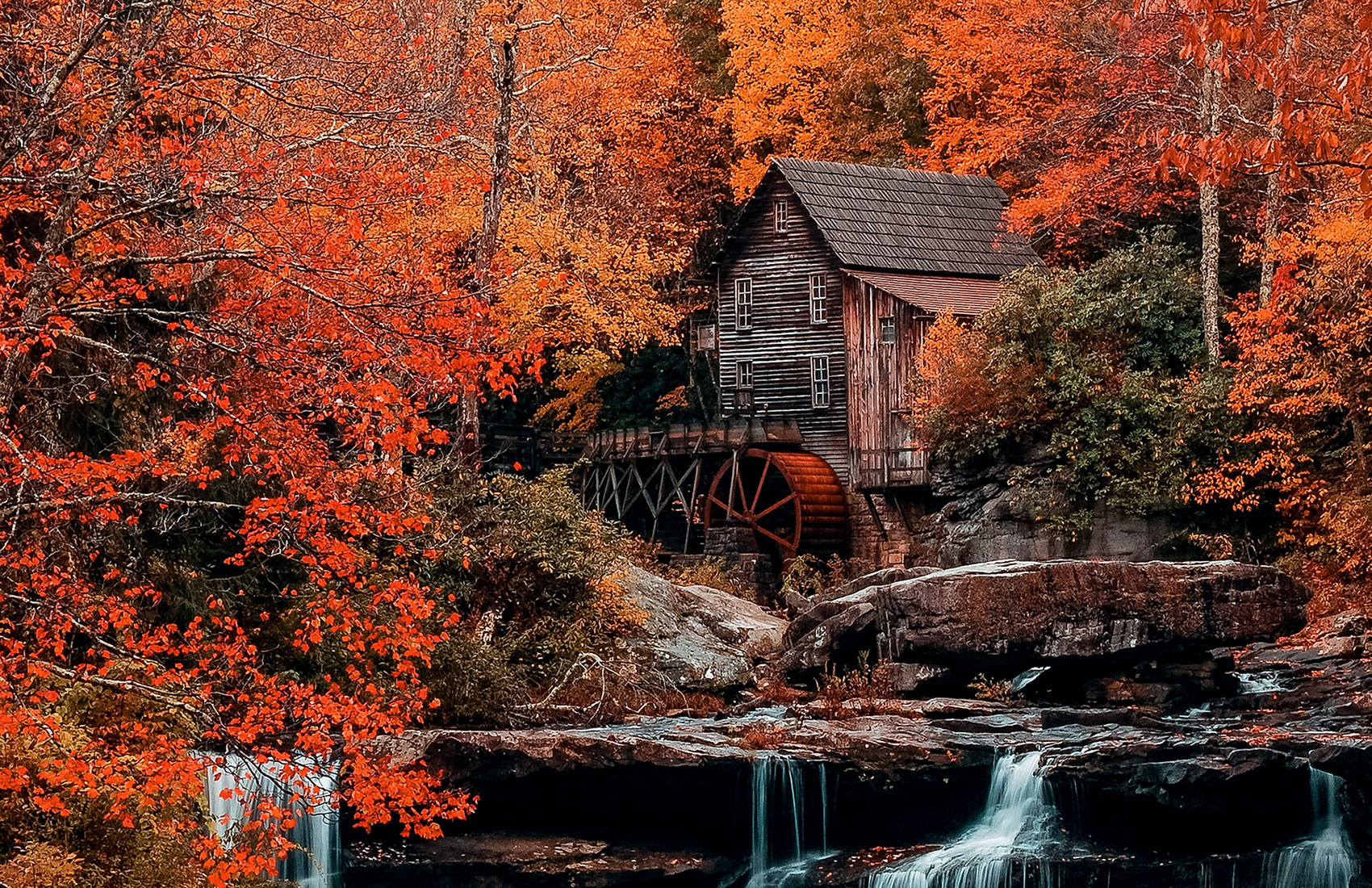 Fall colors at the Glade Creek Grist Mill at Babcock State Park in West Virginia