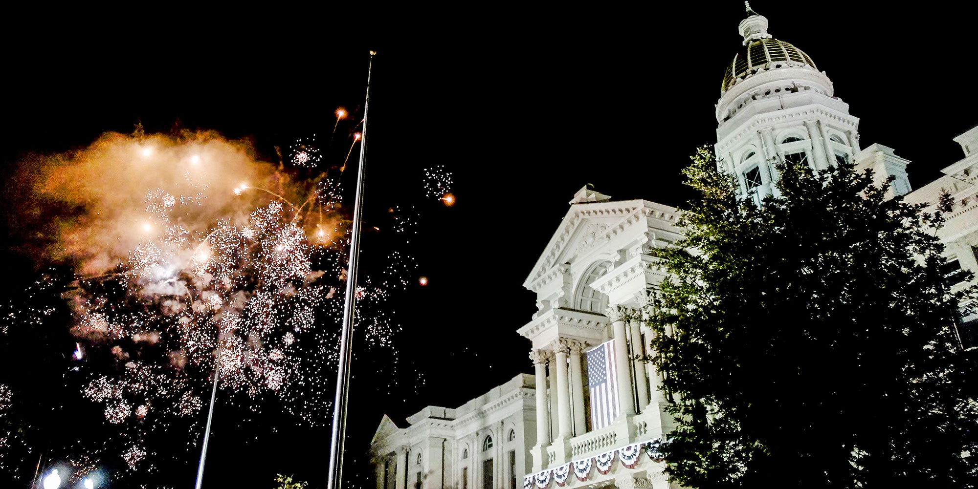 Wyoming State Capitol at night with fireworks in Cheyenne, Wyoming; Credit: Visit Cheyenne
