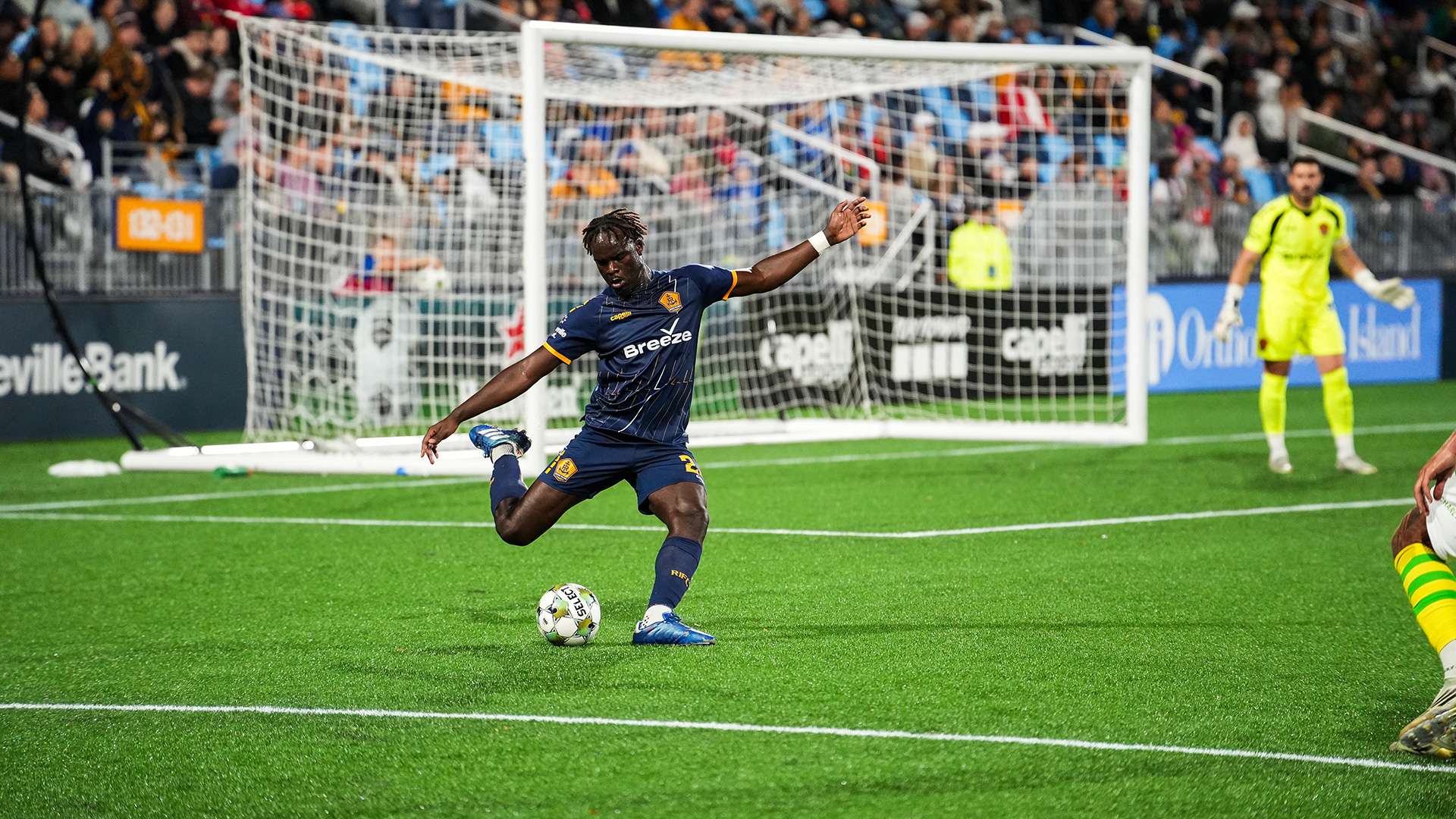 A Rhode Island FC soccer player at Centreville Bank Stadium in Pawtucket, Rhode Island