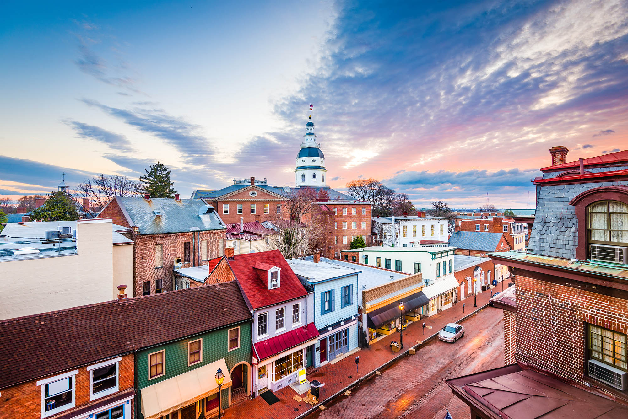 Historic buildings leading to the waterfront in Annapolis, Maryland