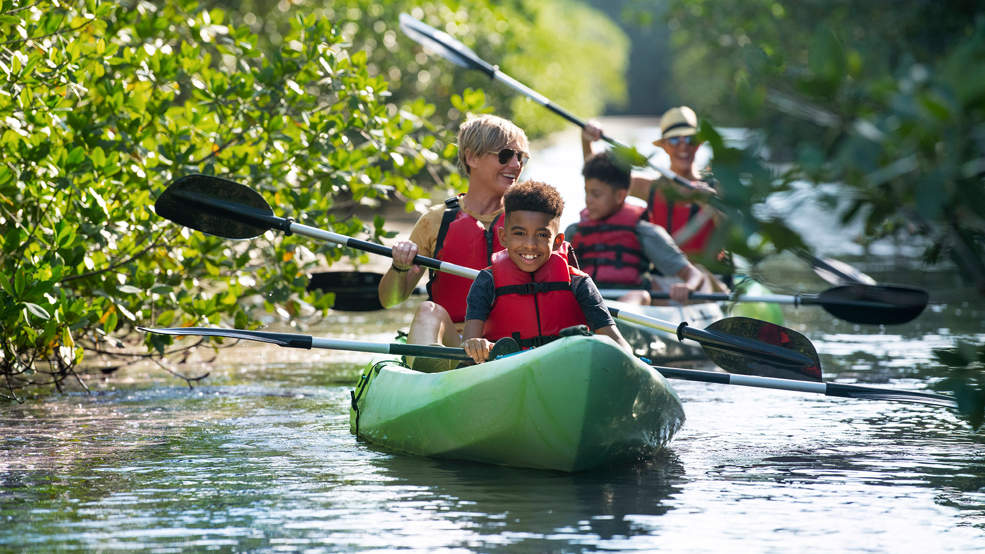 Kayaking through waterways off Biscayne Bay in Miami, Florida