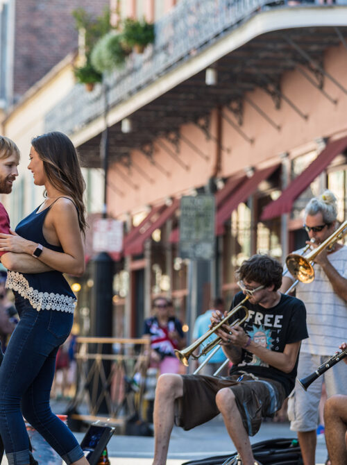 Couple dancing to live music on Royal Street in New Orleans, Louisiana Credit: Zack Smith Photography