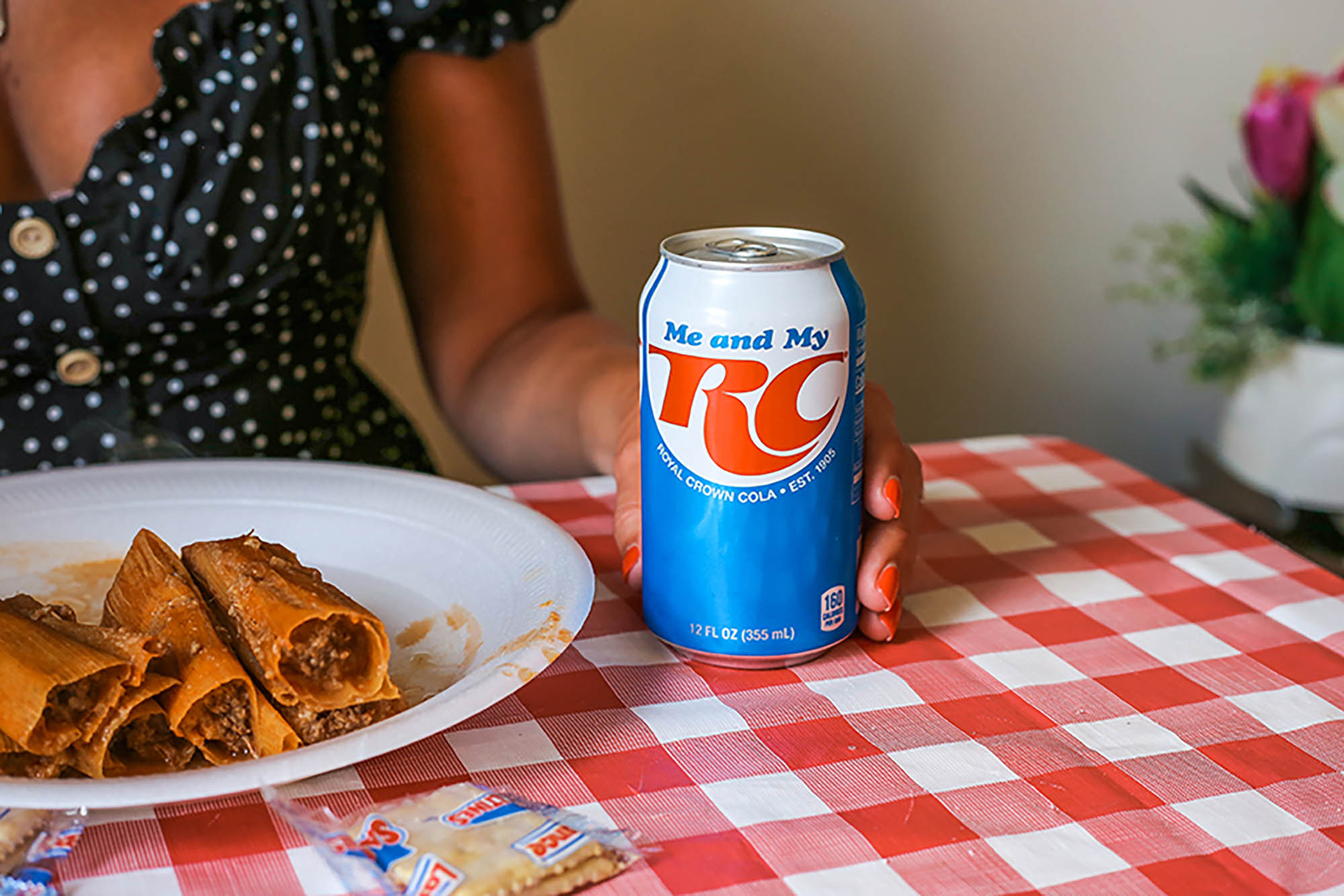 Enjoying hot tamales and an RC Cola in Greenville, Mississippi