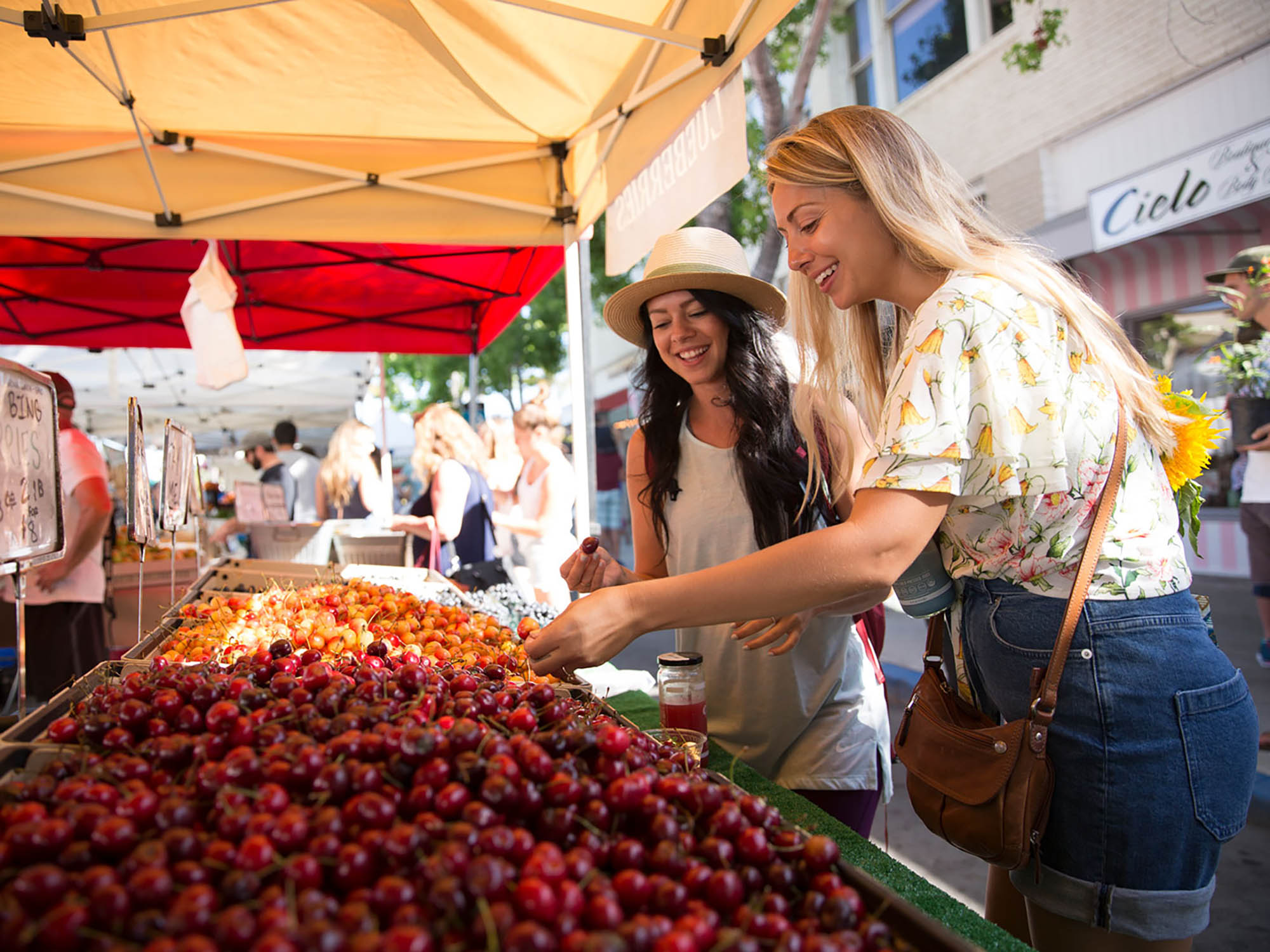 Fresh cherries at the State Street Farmers' Market in Carlsbad, California