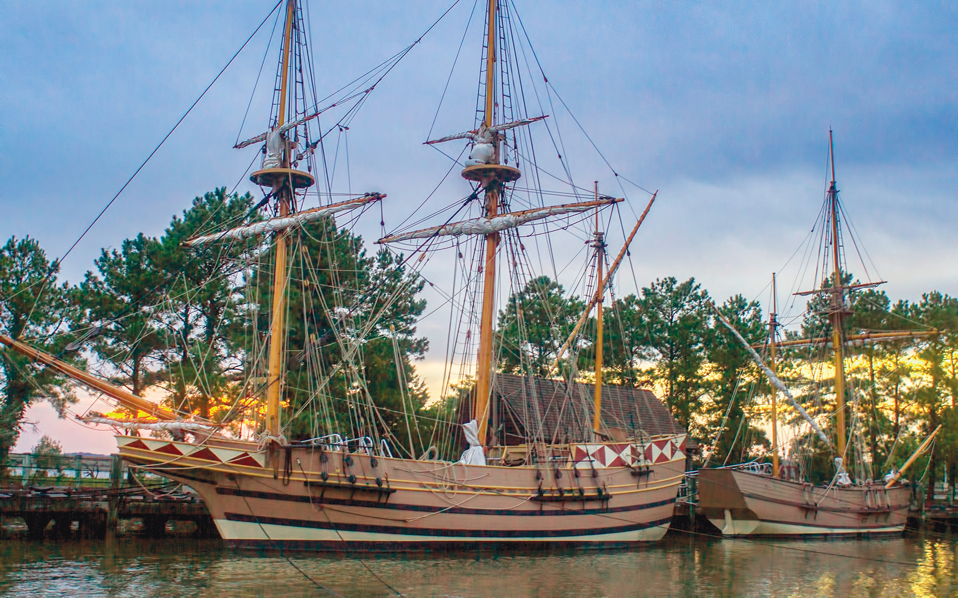 Full-scale ship replicas of the Susan Constant and the Godspeed at the Jamestown Settlement near Williamsburg, Virginia