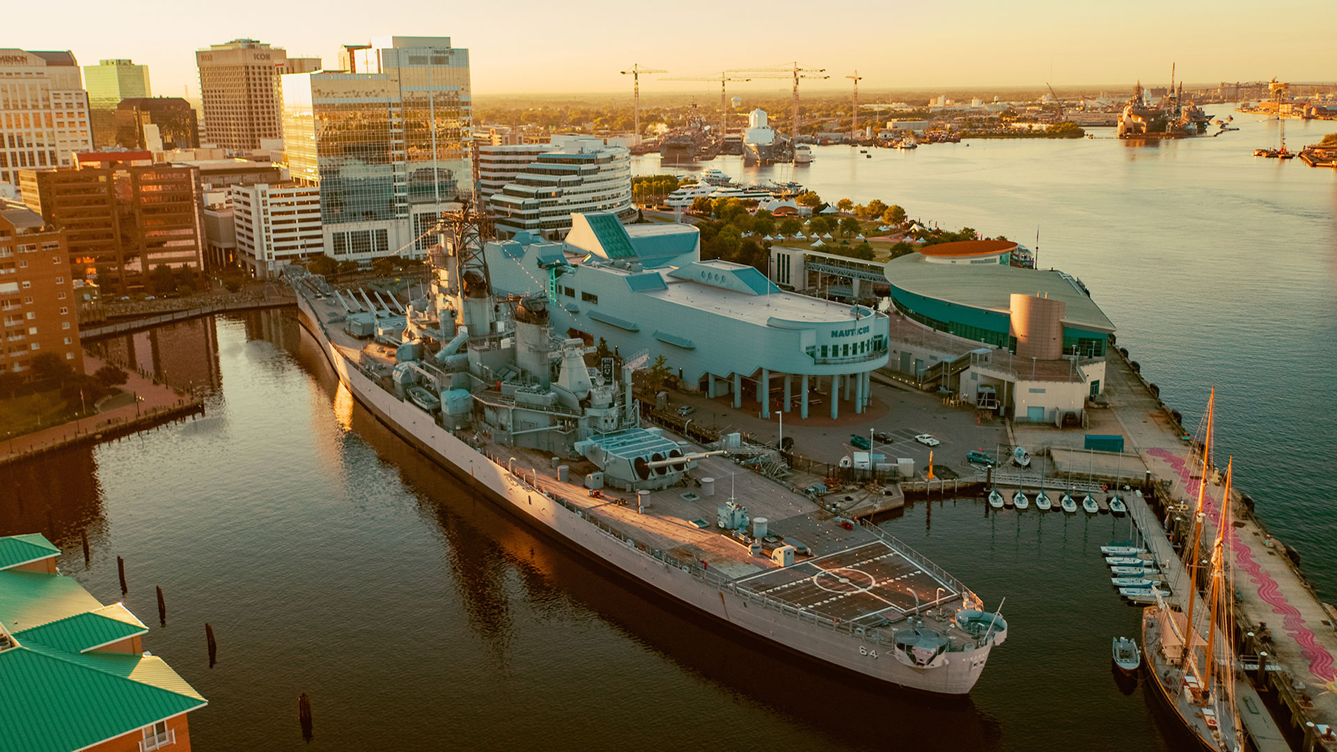 Aerial of downtown Norfolk, Virginia, and the Naval Station