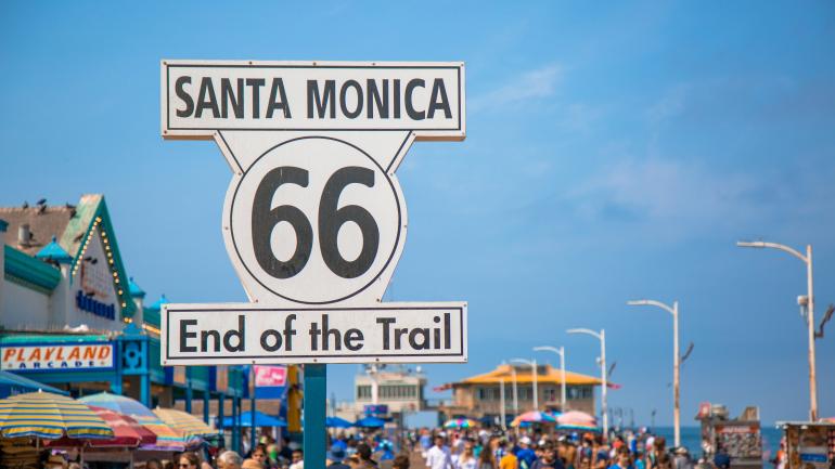The historic “End of the Trail” sign on the Santa Monica Boardwalk
