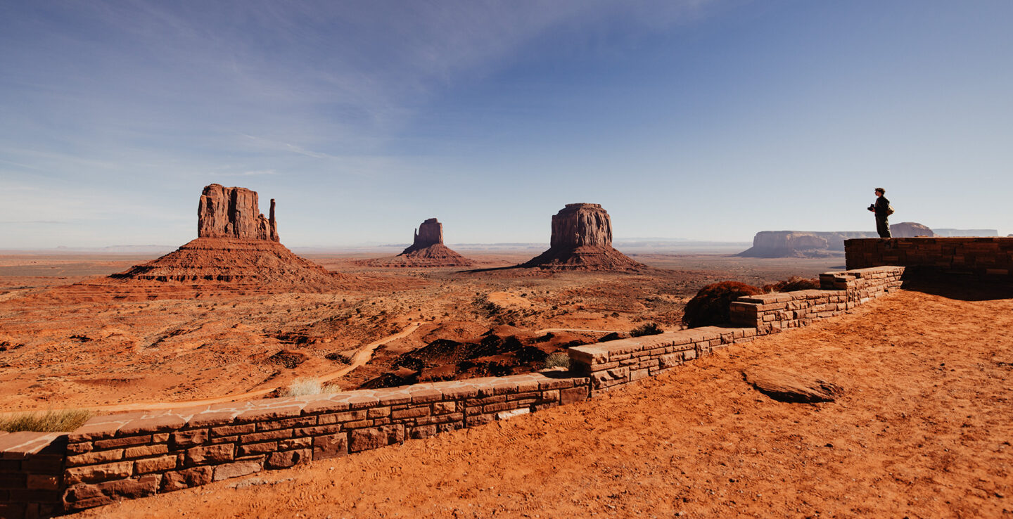 View of Monument Valley Navajo Tribal Park from the Visitor Center in Navajo County, Arizona