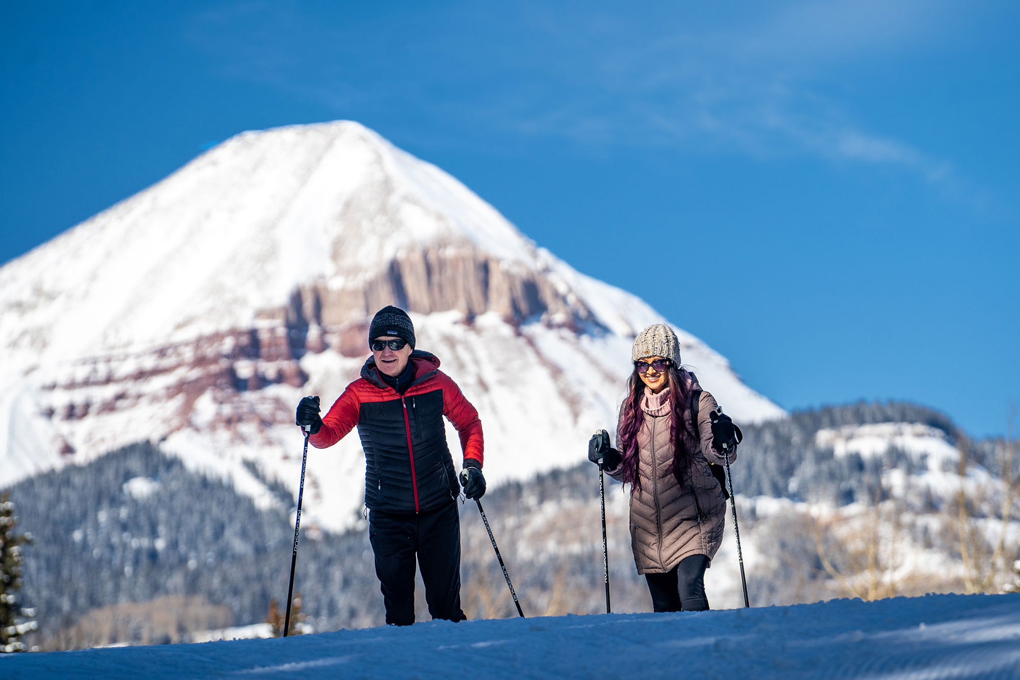 Cross-country skiers at the Durango Nordic Center in Durango, Colorado; Credit: Nick Kogos