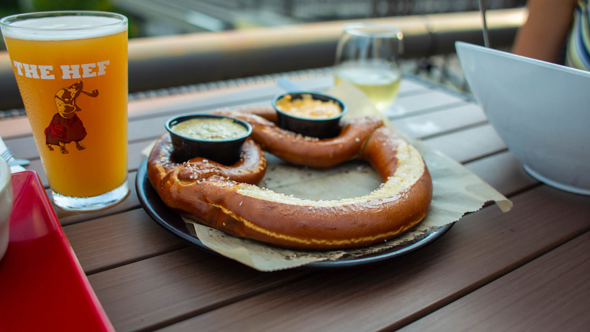 Bavarian pretzel and beer from Frankenmuth Brewery in Frankenmuth, Michigan